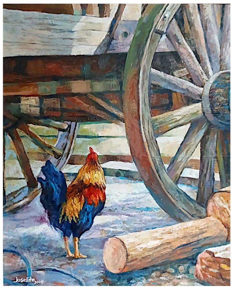 Rooster Under Old Cart by Joselito Macapagal